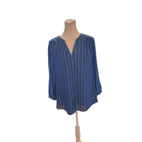 Women's Blue Striped Pleated V-Neck Blouse Long Sleeve Size S - Picture 1 of 8
